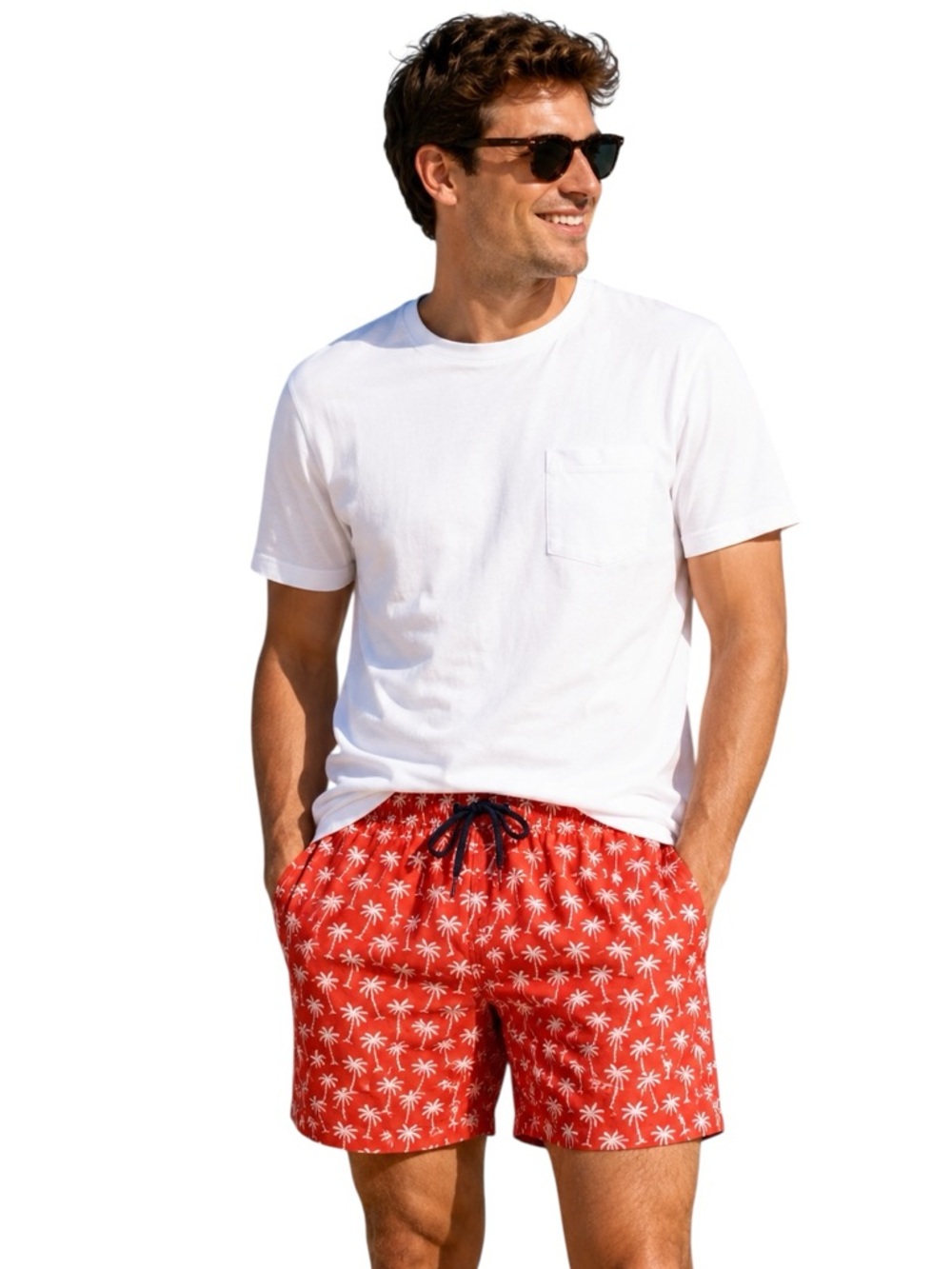 Trunks Red Palm Tree Print Swim Shorts Men’s Large Quick‑Dry Tropi‑Vacay Core